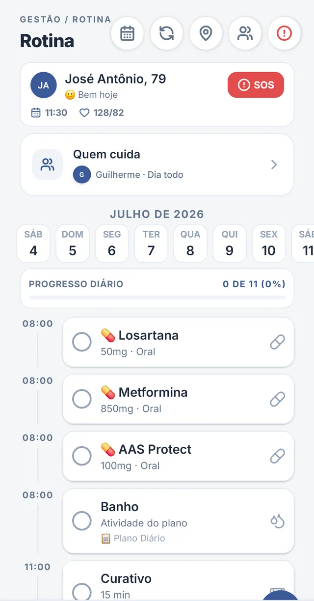 Tela de rotina do CoCuidar com os medicamentos e atividades do dia por horário